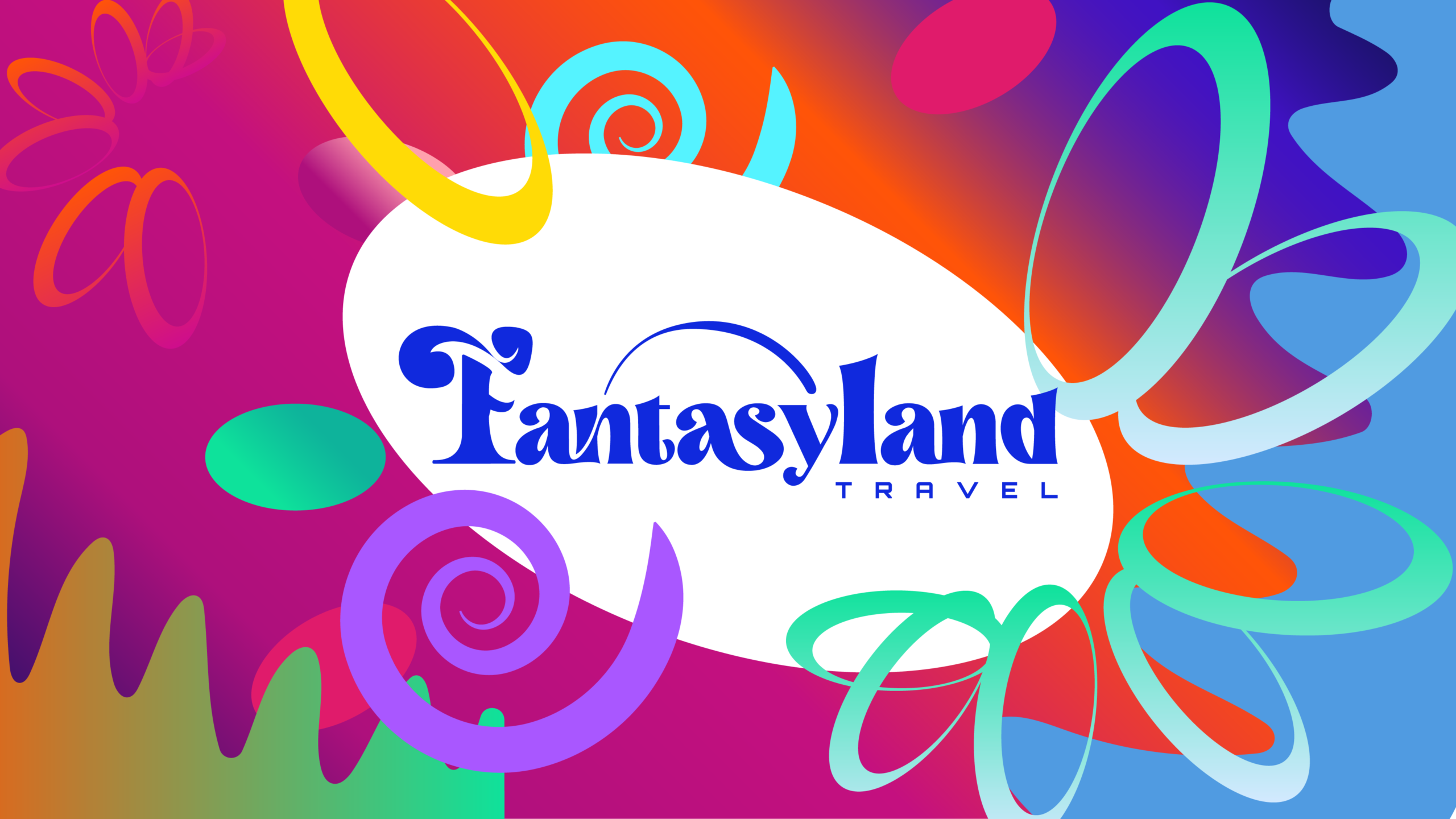 Logotipo da Fantasyland Travel em fundo colorido e vibrante com elementos de design abstrato em cores roxo, laranja, verde e azul, simbolizando uma experiência de viagem mágica e divertida.