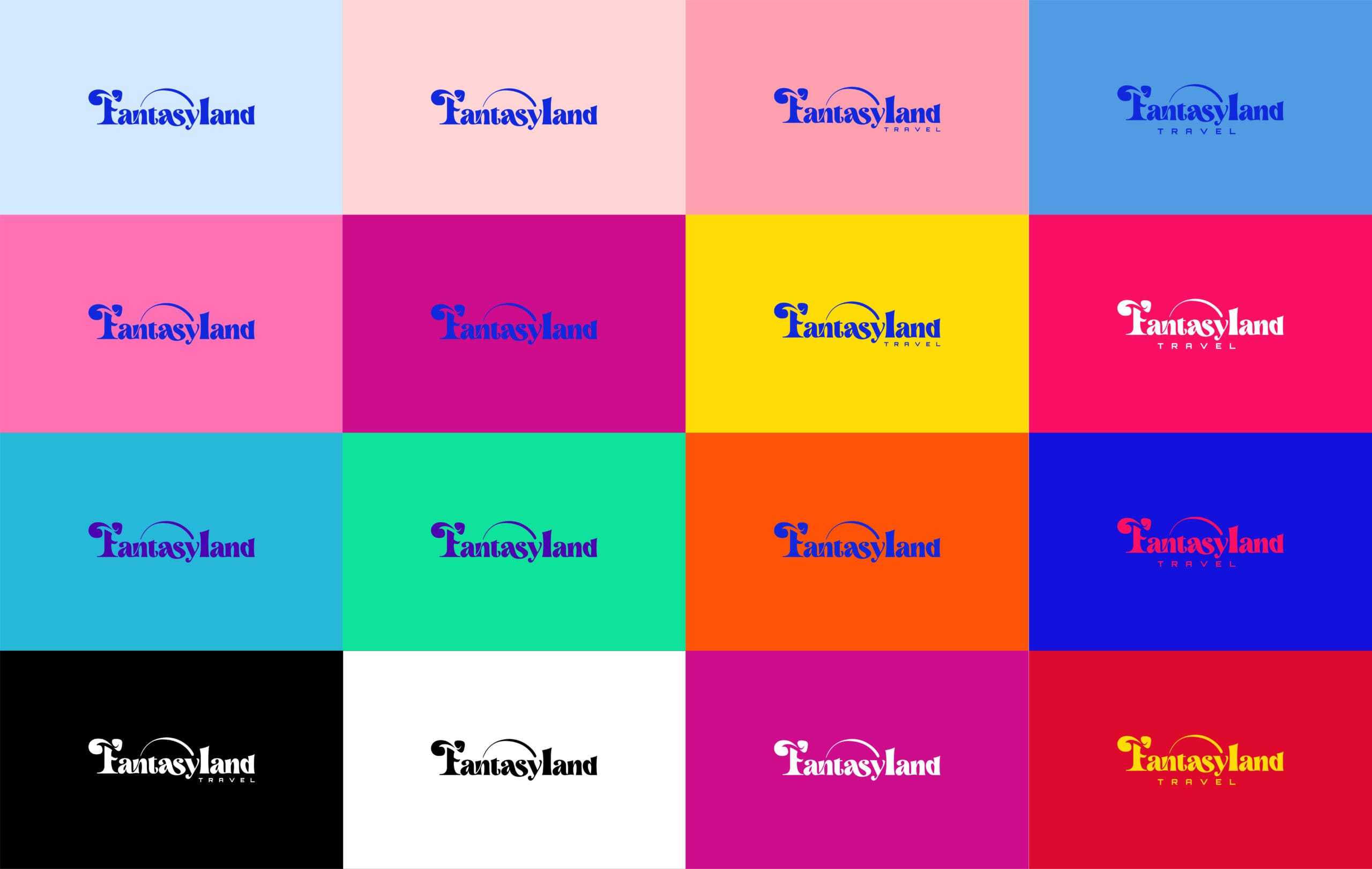 Vários logotipos da Fantasyland Travel em diferentes combinações de cores, incluindo azul, laranja, cinza, roxo, verde, amarelo, preto e branco, exibindo a versatilidade e a identidade visual da marca.